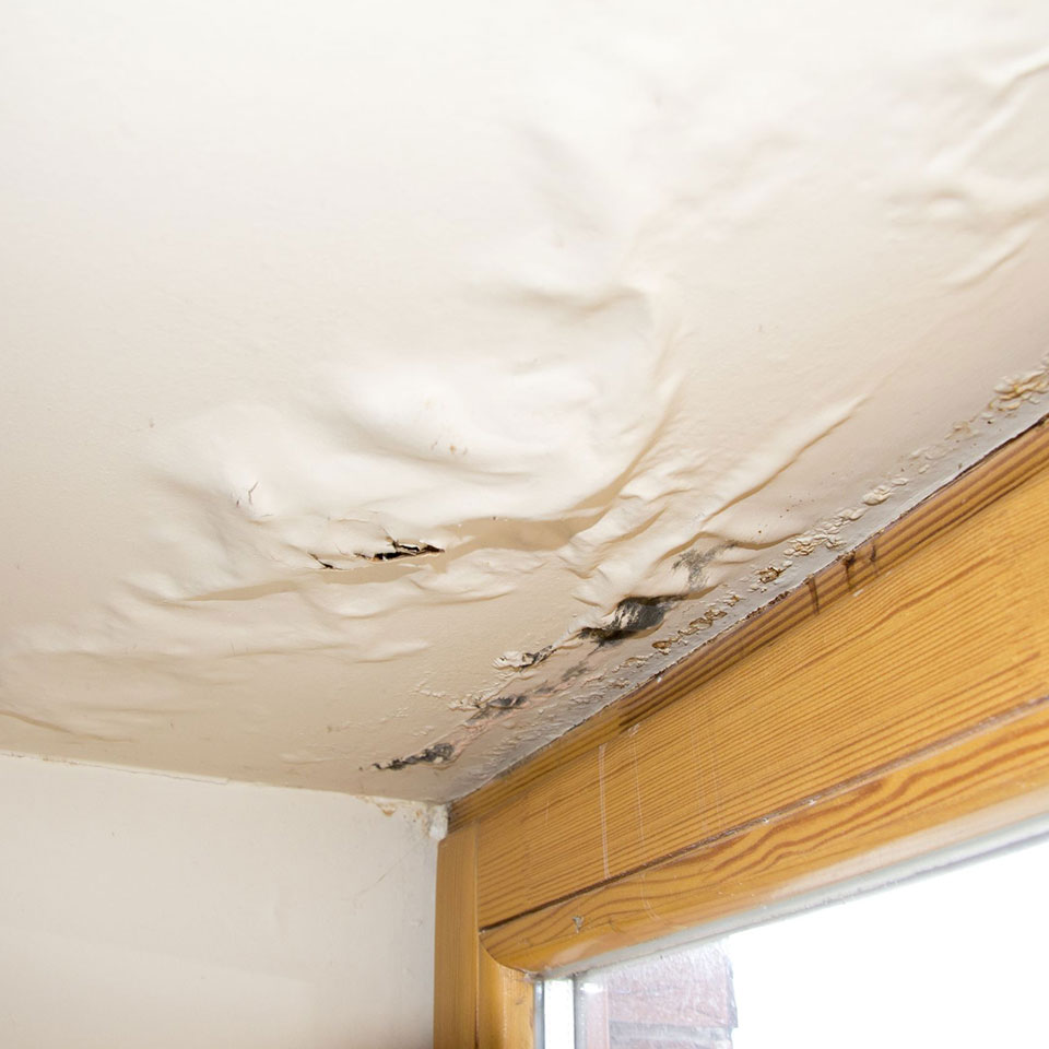 water ,moisture damaged ceiling next to  window